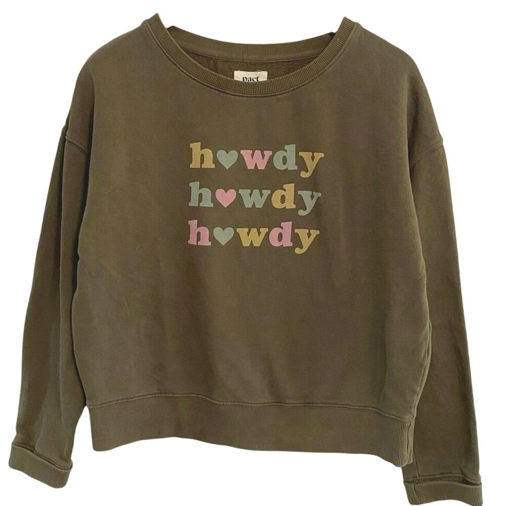 Pact Olive Green 'Howdy' Graphic Crewneck with Pastel Accents